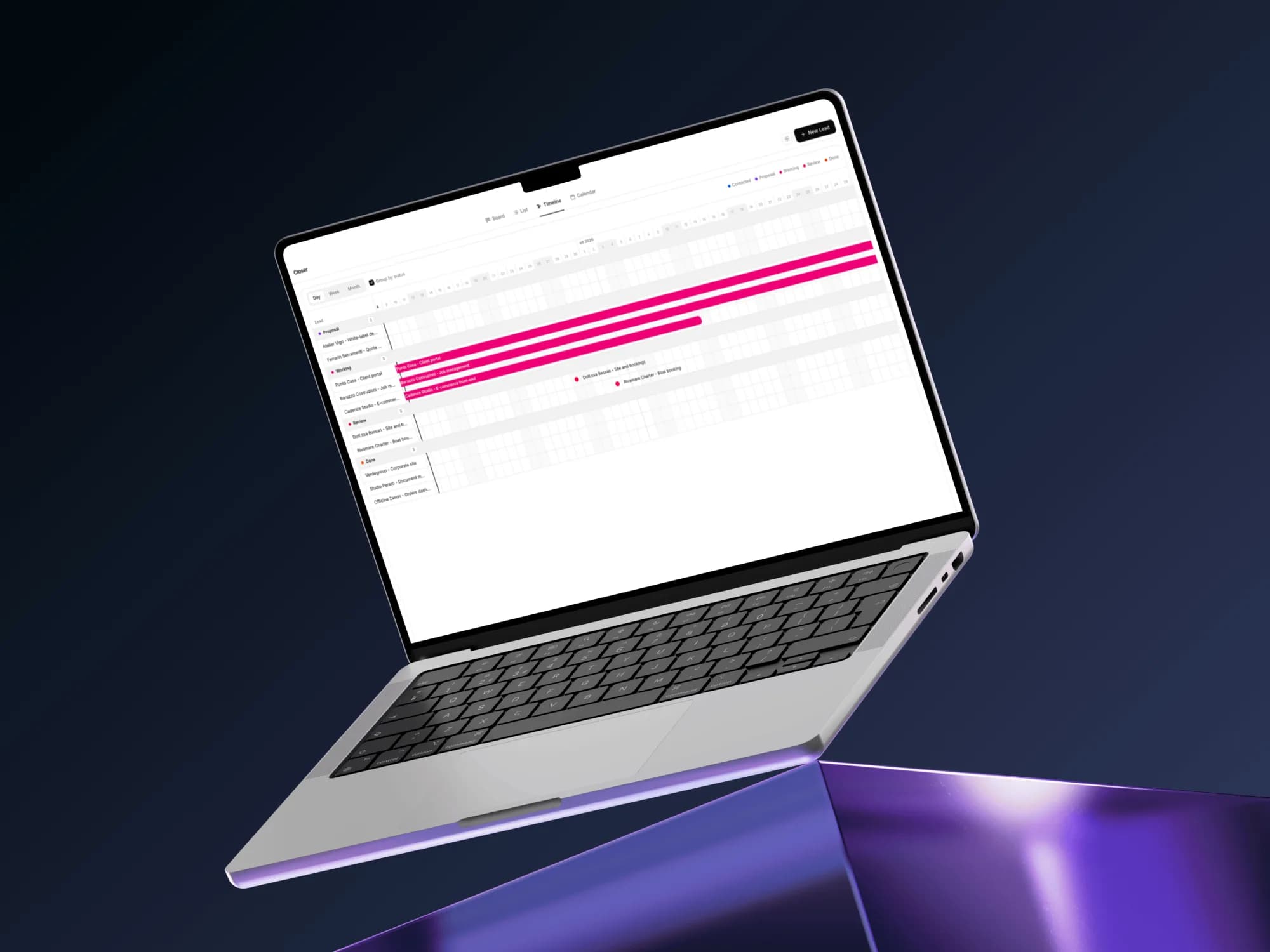 Closer app mockup on a laptop, timeline view